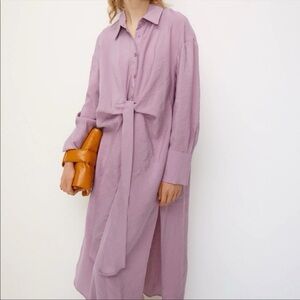 Zara Dusty Mauve Tie-Front Midi Shirt Dress